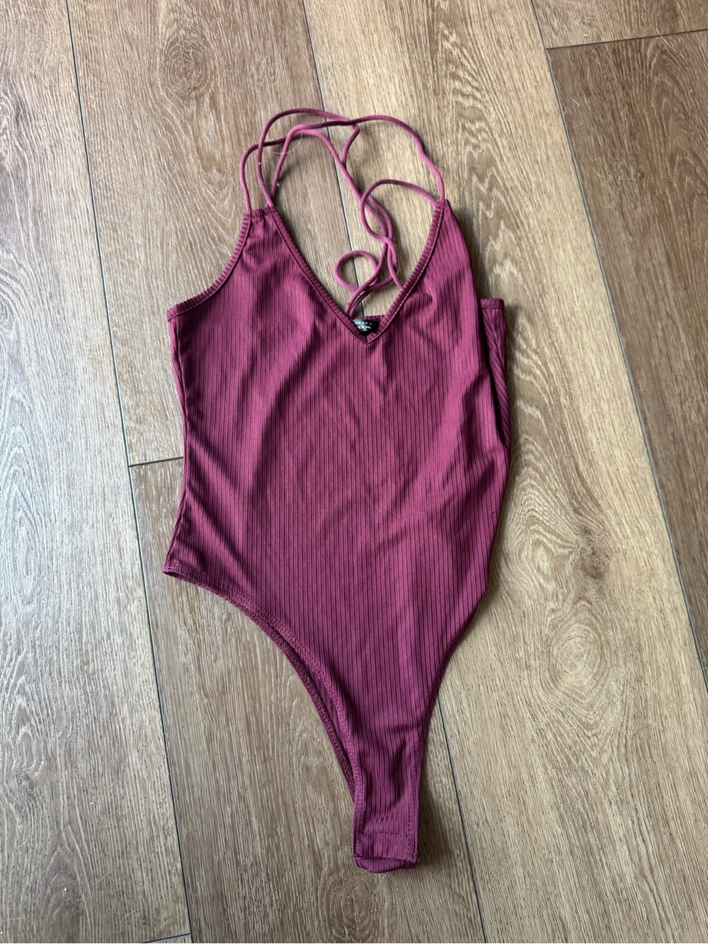 SHEIN Ribbed Wine Red Strappy Bodysuit
